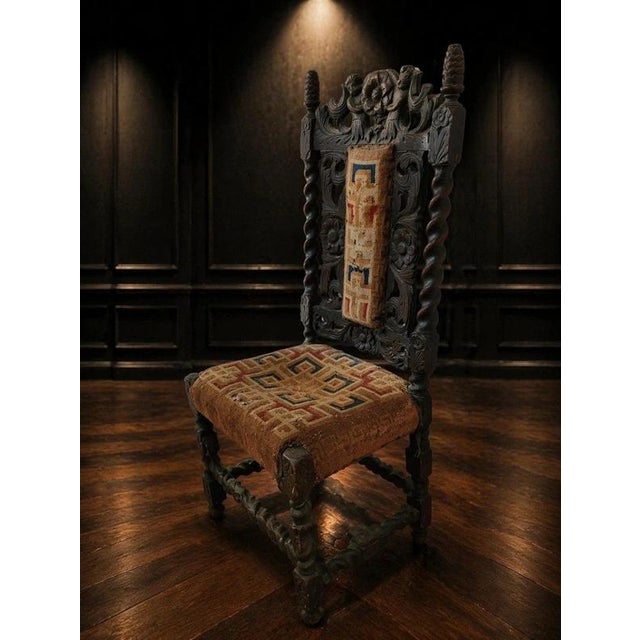 Wood Antique Carved Oak Hall Chair with Cherub Crest and Barley Twist, 1800s For Sale - Image 7 of 10