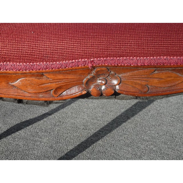 Vintage French Provincial Burgundy Needlepoint Tapestry Bench W Floral Design For Sale - Image 9 of 13