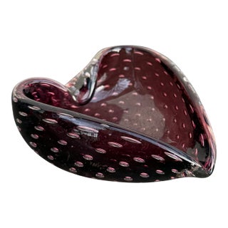 Vintage Murano Bullicante Bubbles Amethyst Purple Glass Heart Leaf Ashtray Bowl For Sale