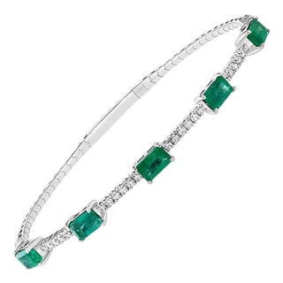 3 Carat Natural Brazilian Emerald & Diamond Bangle Bracelet 14 Karat White Gold For Sale