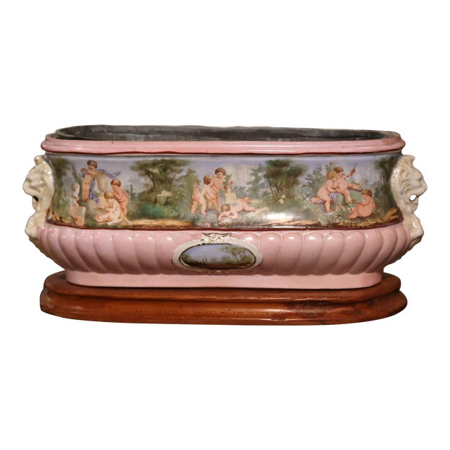 19th Century French Hand Painted Faience Jardinière on Wood Base With Zinc Tray For Sale