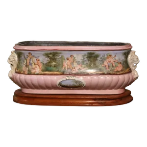 19th Century French Hand Painted Faience Jardinière on Wood Base With Zinc Tray