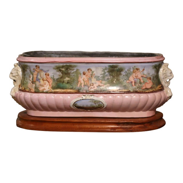 19th Century French Hand-Painted Faience Jardinière With Zinc Liner on Wood Base For Sale