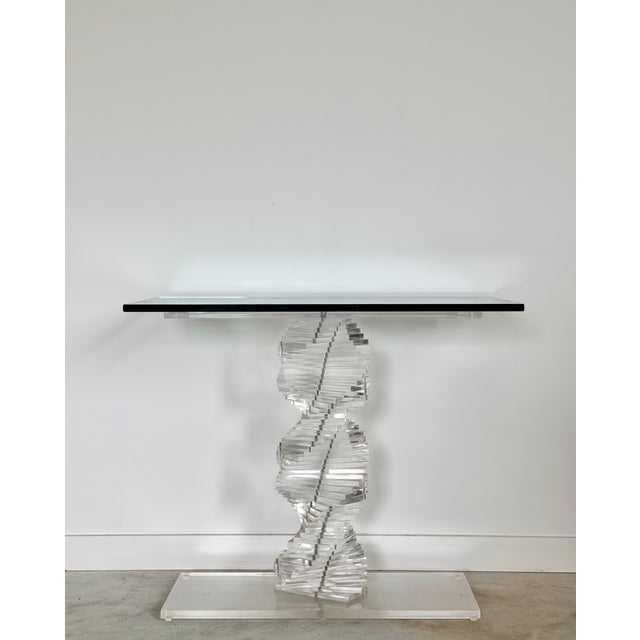 Lucite Helix Console Table With Custom Glass Top, Post Modern 1980s Handmade For Sale - Image 6 of 17