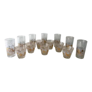 1960s Vintage Hazel-Atlas Gold Arabian Knights Highball & Rocks Lowball Glasses- 14 Pieces