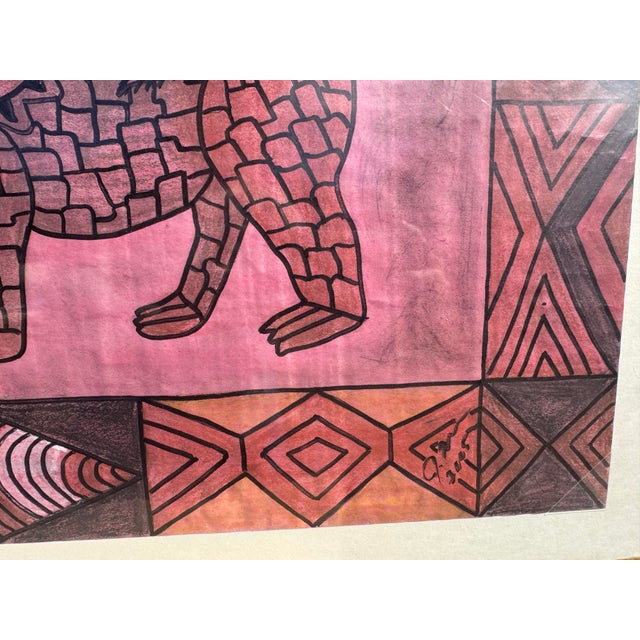 Folk Art Jude Kirby Original Oil Pastel Painting, “Stone Lion” Folk Art. For Sale - Image 3 of 4