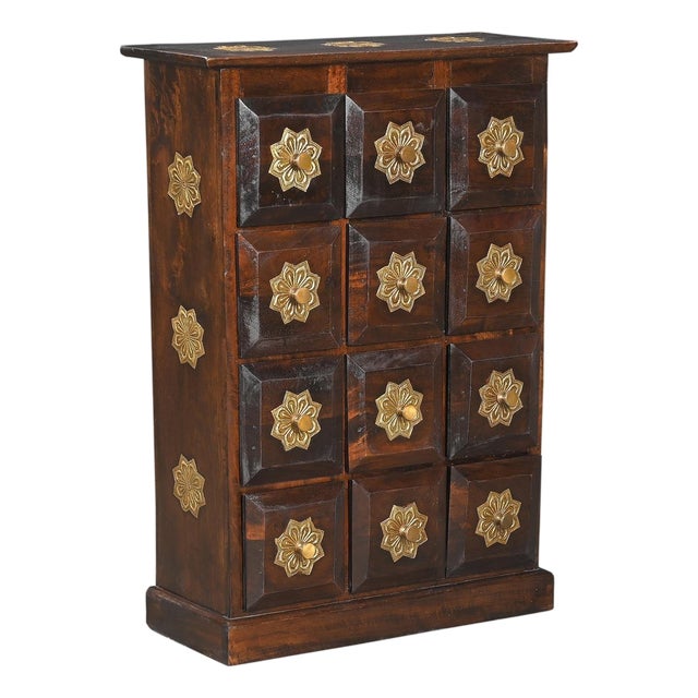 1990s Solid Wood Narrow Chest of Drawers With Brass Accents For Sale