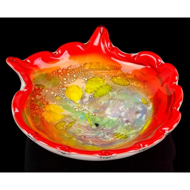 Beautiful vintage Murano bright orange rim, yellow and green patches, with silver flecks Italian art glass seashell shaped...