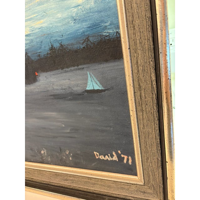 Blue 1971 Twilight on a Lake Sailboat & Moody Original Oil Painting Signed For Sale - Image 8 of 11