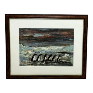 1970s British Impressionist Oil Painting Winter Waddle Group Black and White Polar Penguins in Antar