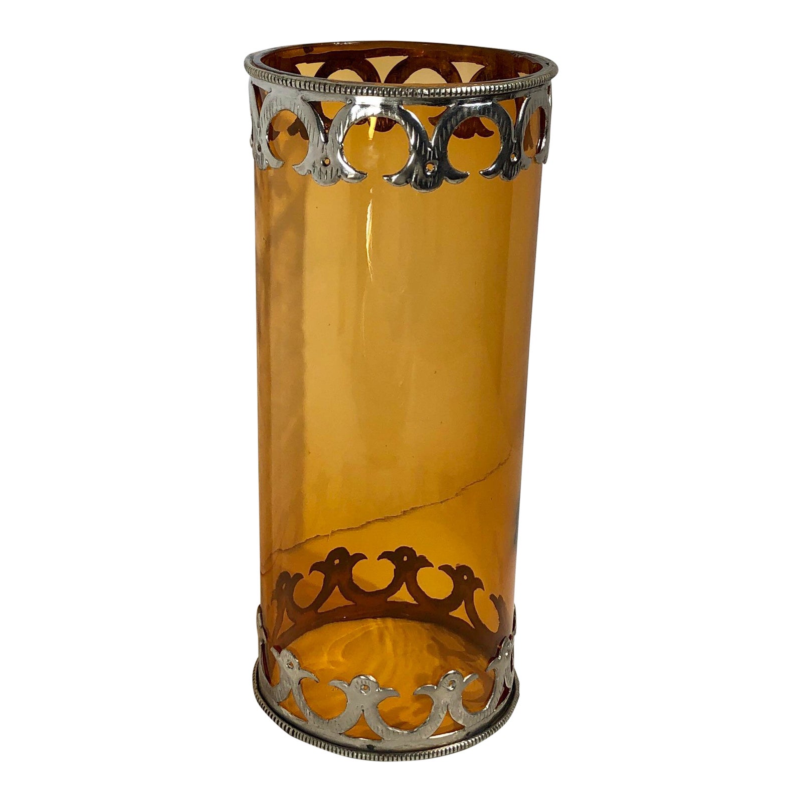 Antique Amber Blown Glass Hurricane With Hand Stamped Sterling