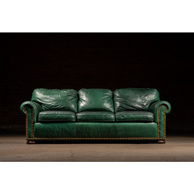 Modern Vintage Leather Rolled-Arm Sofa in Green by Whittemore-Sherrill For Sale - Image 3 of 15