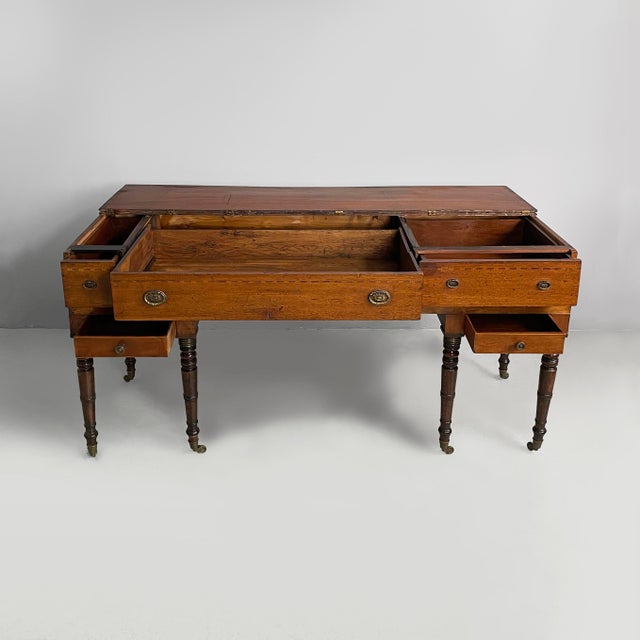Italian Desk in Wood with Drawers and Brass Handles, Late 1800s For Sale - Image 3 of 18