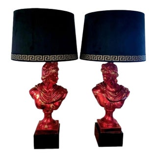 1990s Custom Finished Red, Gold Leaf Greek Goddess Black Shade Greek Key Trim Tall Table Lamps Tony Duquette Style - a Pair For Sale