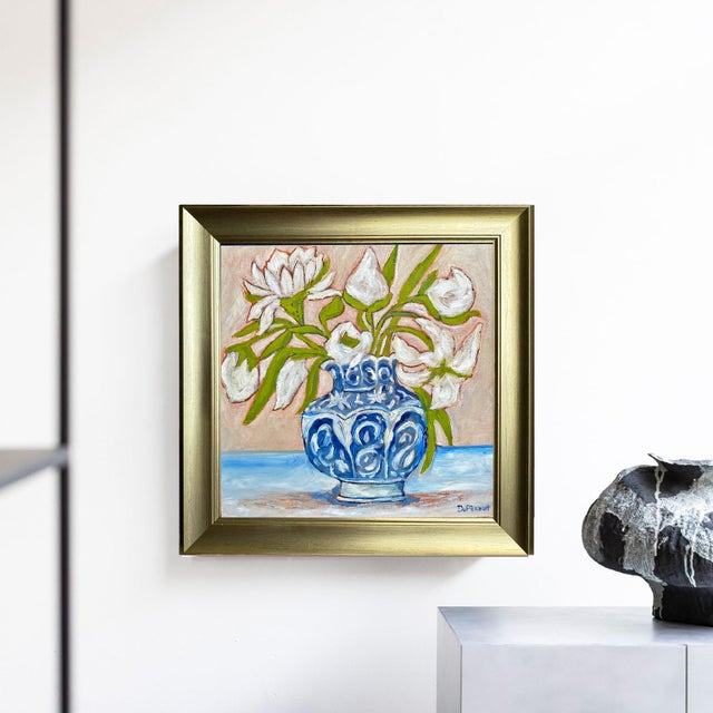 Chinoiserie Original Art Floral Still Life With Chinoiserie Vase, Oil on Canvas in Brushed Gold Frame, 14.5" X 14.5" by Tatiana Duperault For Sale - Image 3 of 4