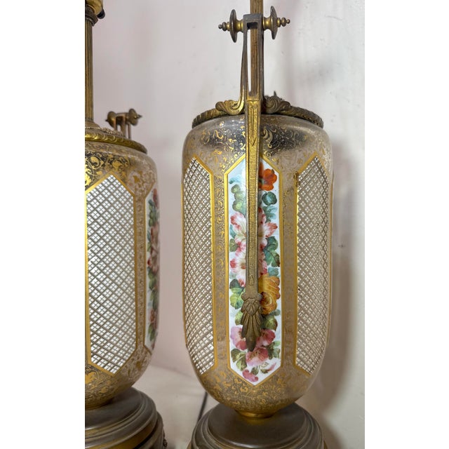 Pair of Large Antique Moser Bronze Mounted Cut to Clear Gilt Glass Table Lamps For Sale - Image 11 of 15