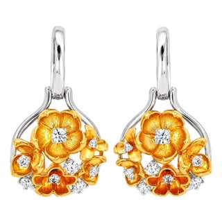 Mid 20th Century 14k White Gold Diamond Sapphire Rose Flower Drop Earrings Estate, Pair For Sale