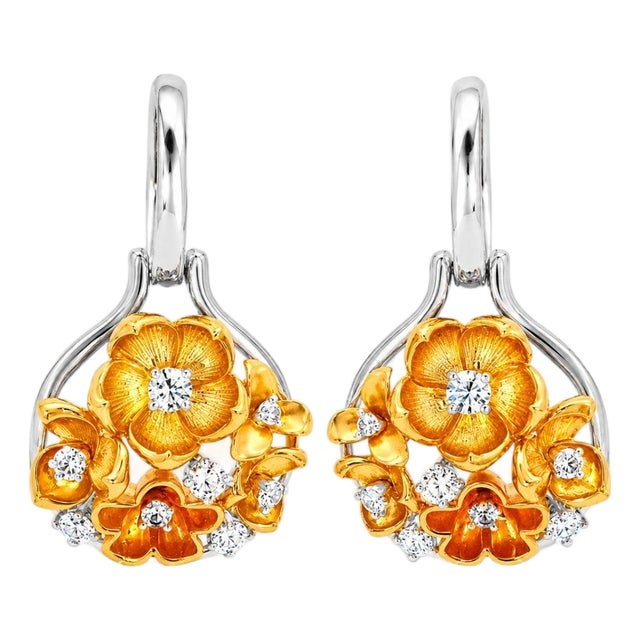 Mid 20th Century 14k White Gold Diamond Sapphire Rose Flower Drop Earrings Estate, Pair For Sale
