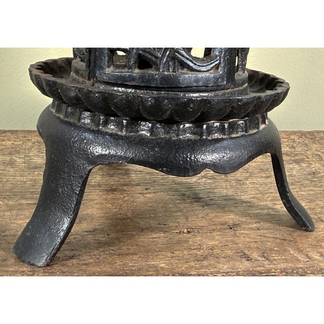 Metal Chinese Cast Iron Garden Lantern With Hanging Finial and Iris Relief For Sale - Image 7 of 11