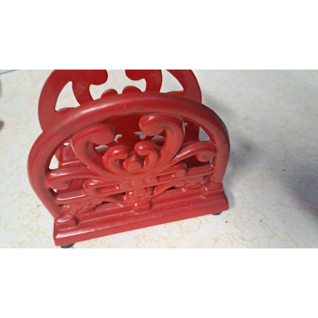 modernVintage 1990s Red Enamel Cast Iron Napkin Holder For Sale - Image 6 of 11