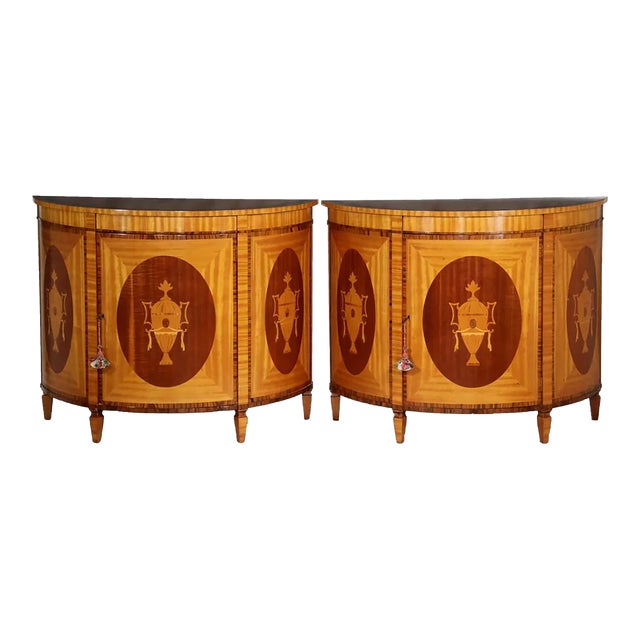 Pair of Custom George III Style Satinwood & Mahogany Demilune Cabinets For Sale