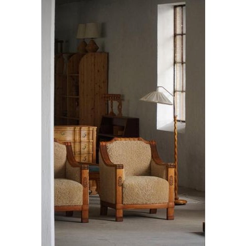Art Deco Danish Armchairs in Oak and Shearling Lambswool, 1930s, Set of 2 For Sale - Image 3 of 18