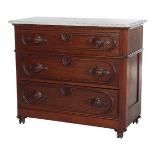Antique Walnut 3-Drawer Marble Top Commode With Carved Pulls Circa 1890 For Sale