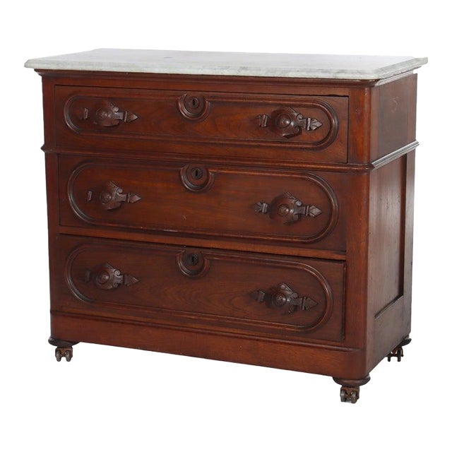 Antique Walnut 3-Drawer Marble Top Commode With Carved Pulls Circa 1890 For Sale