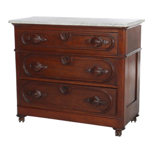 Antique Walnut 3-Drawer Marble Top Commode With Carved Pulls Circa 1890