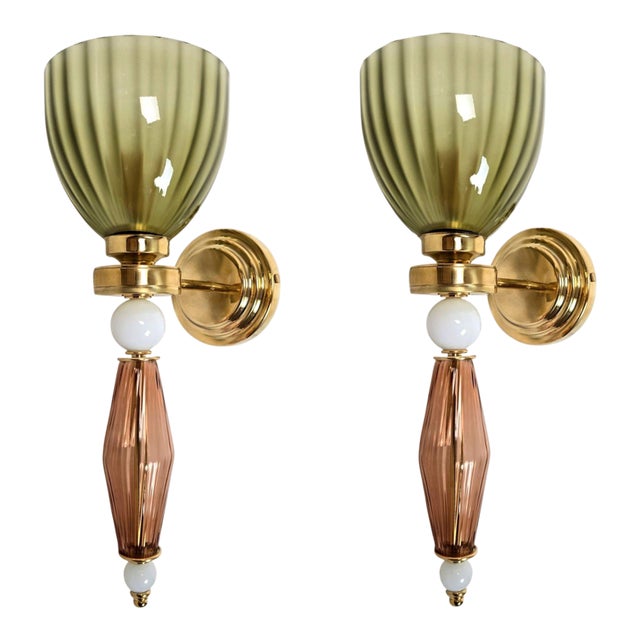 1980s Olive Green, Terracotta Murano Sconces - a Pair For Sale
