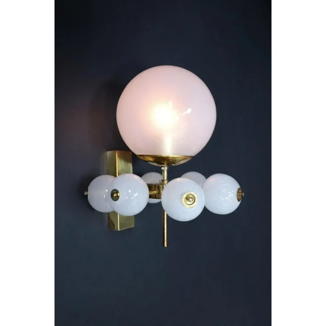 Mid-Century Brass Wall Light with Hand-Blown White Glass Globes, 1970s For Sale - Image 9 of 13