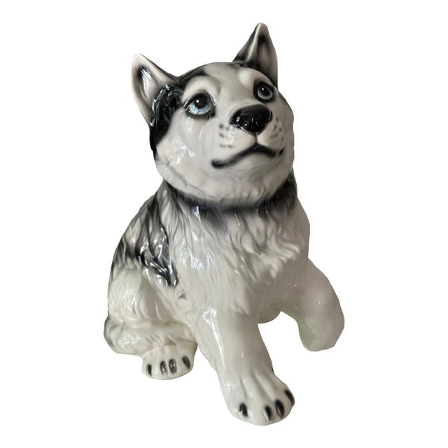 Late 20th Century Vintage Italian Husky Puppy Dog Ceramic Figure Statue Sculpture For Sale