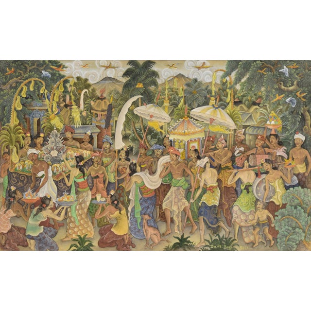 Lively and detailed depiction of a procession of Balinese figures in the Ubud regional style (Cremation Ceremony) by I...