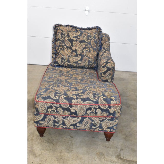 Stunning Baker Furniture Milling Road chaise lounge designed by Barbara Barry. Features a blue paisley fabric with red and...
