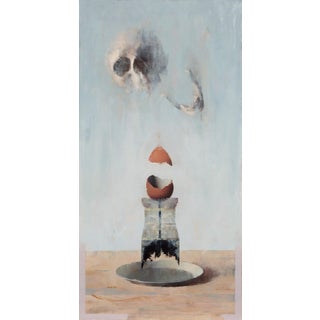 Falling Giants by Matthew Saba | Oil Painting of a skull and broken egg on a pedestal For Sale
