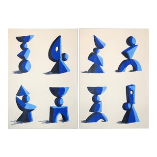 2028, Modern Cubist Painting Diptych, Minimalist Sculpture Garden, Acrylic Paint on Watercolor Paper For Sale