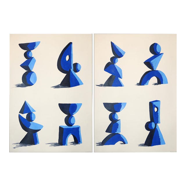2028, Modern Cubist Painting Diptych, Minimalist Sculpture Garden, Acrylic Paint on Watercolor Paper For Sale