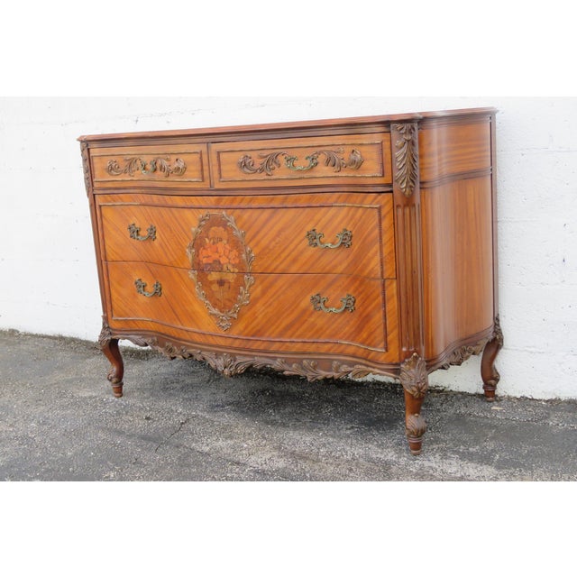 French French Early 1900s Inlay Carved Dresser Bathroom Vanity and Mirror For Sale - Image 3 of 18