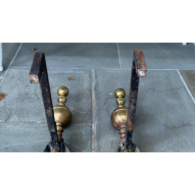 Pair of French Style Brass Andirons With Fleur De Lis For Sale - Image 10 of 11
