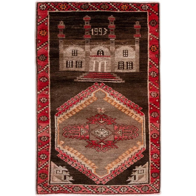 Vintage Pictorial Turkish Brown Wool Rug For Sale - Image 9 of 9