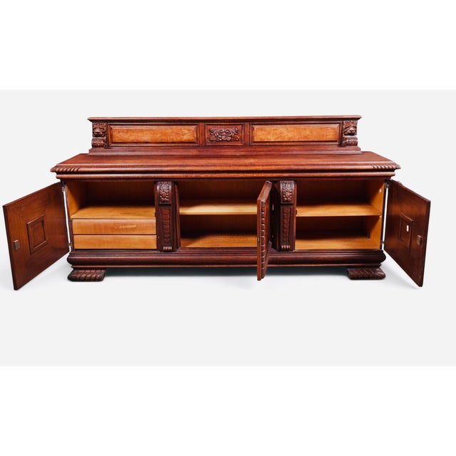 Mid 20th Century Monumental Carved Baroque Style Credenza With Figured Wood Panels — 102″ Wide For Sale - Image 11 of 12