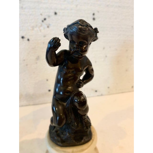 Bronze Putti with Brown Patina on a White Marble Base, 20th Century, Set of 2 For Sale - Image 5 of 17