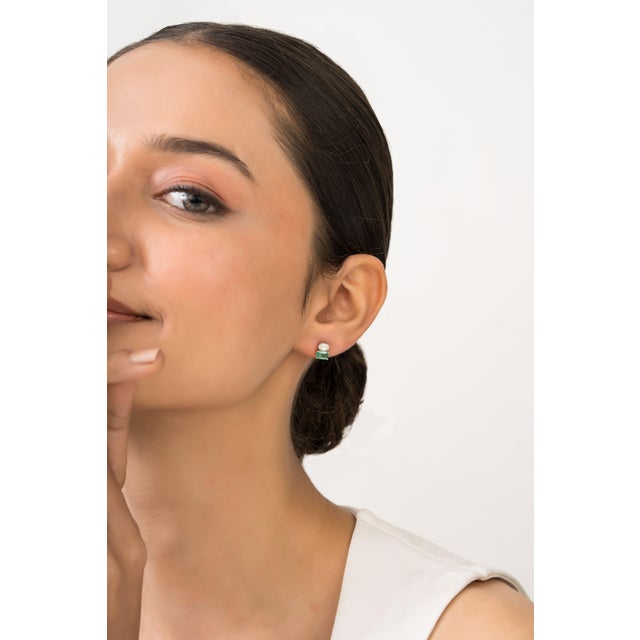 Not Yet Made - Made To Order Modernist Two-Tone 18k Gold Emerald & Diamond Duo Estate Stud Earrings- A Pair For Sale - Image 5 of 13