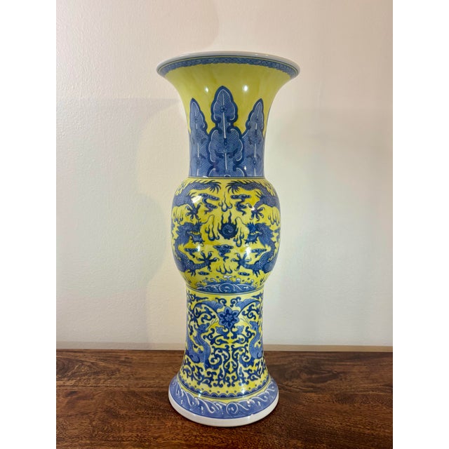Ceramic Vintage Chinese Yellow and Blue Dragon Porcelain Floor Vase, Hand Painted For Sale - Image 7 of 8