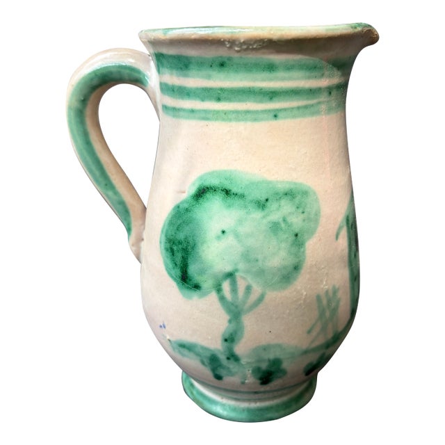 Vintage Painted Italian Folk Art Stoneware Pitcher Jug For Sale