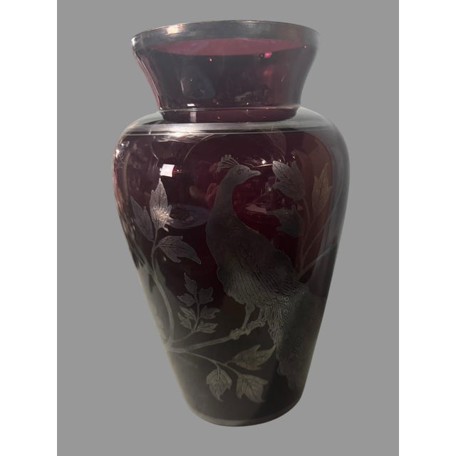 Glass Antique Amethyst Purple Glass Vase Sterling Silver Overlay Peacock 10.5” For Sale - Image 7 of 8