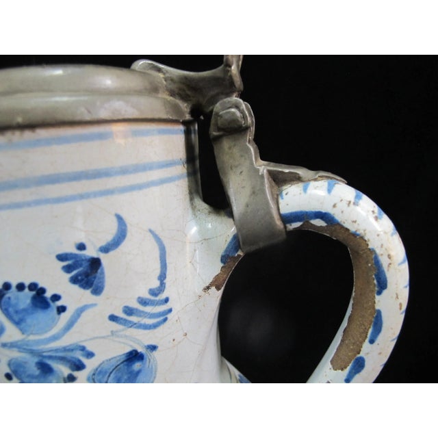 18th Century Antique 18th Century German Pewter Mounted Blue Faience Floral Tankard Birnkrug For Sale - Image 5 of 11