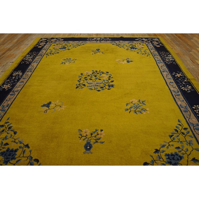 1920s Antique Gold Background Floral Art Deco Knotted Wool Chinese Peking Rug For Sale - Image 4 of 12