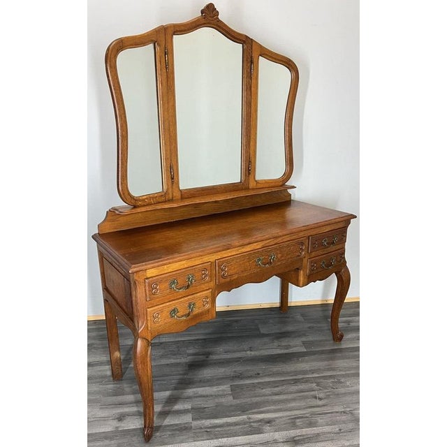 Vintage French Louis Style Oak Dressing Table with Mirror For Sale - Image 15 of 15
