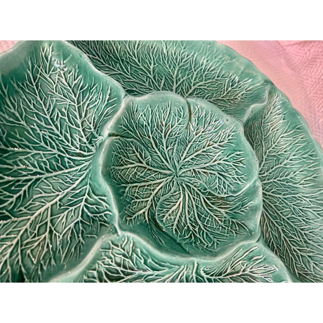 Rustic European Vintage Majolica Style Usa Calif Pottery Cabbage Leaf Divided Serving Dish For Sale - Image 3 of 9